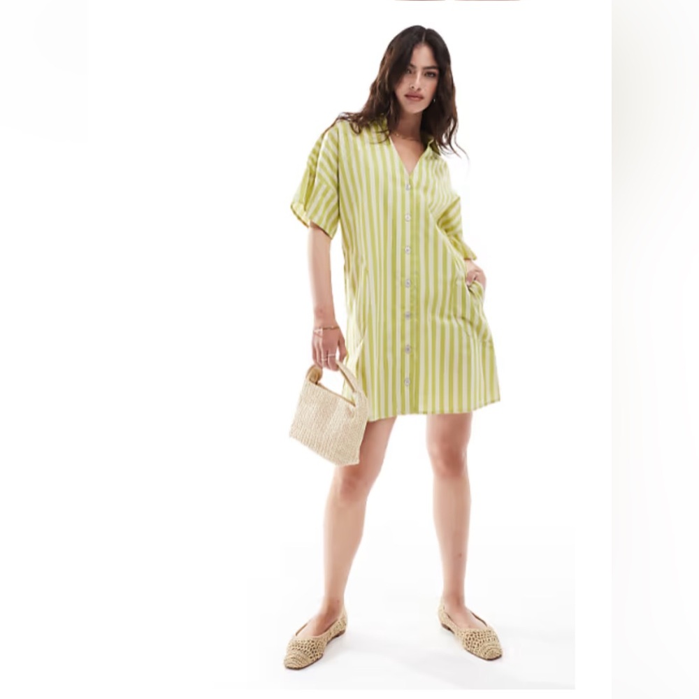 ASOS Lime Green Striped Button-Front Mini Dress